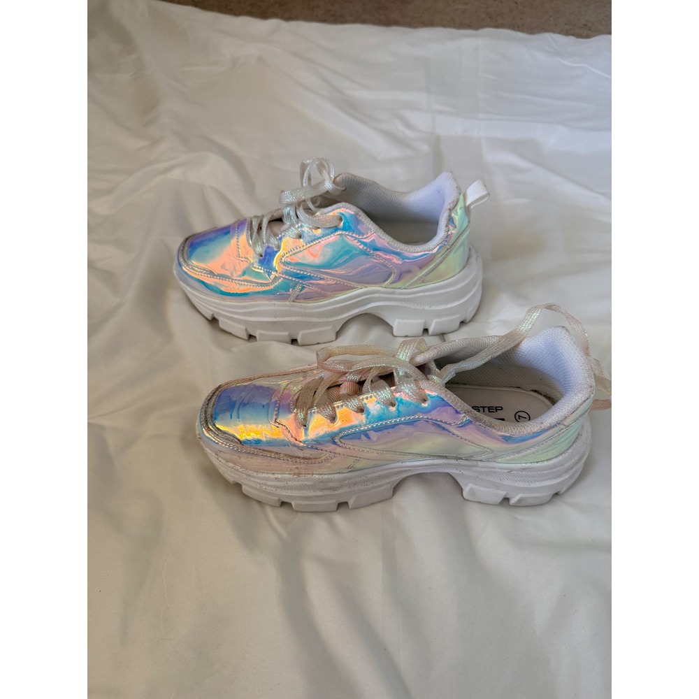 Lucky Step Holographic Iridescent Chunky Platform Sneakers White Lug Sole 7